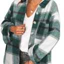 Women's Brushed Plaid Shirts Long Sleeve Flannel Lapel Button Down Cardigan Boyfriend Shacket Jacket Coats (Green, L)