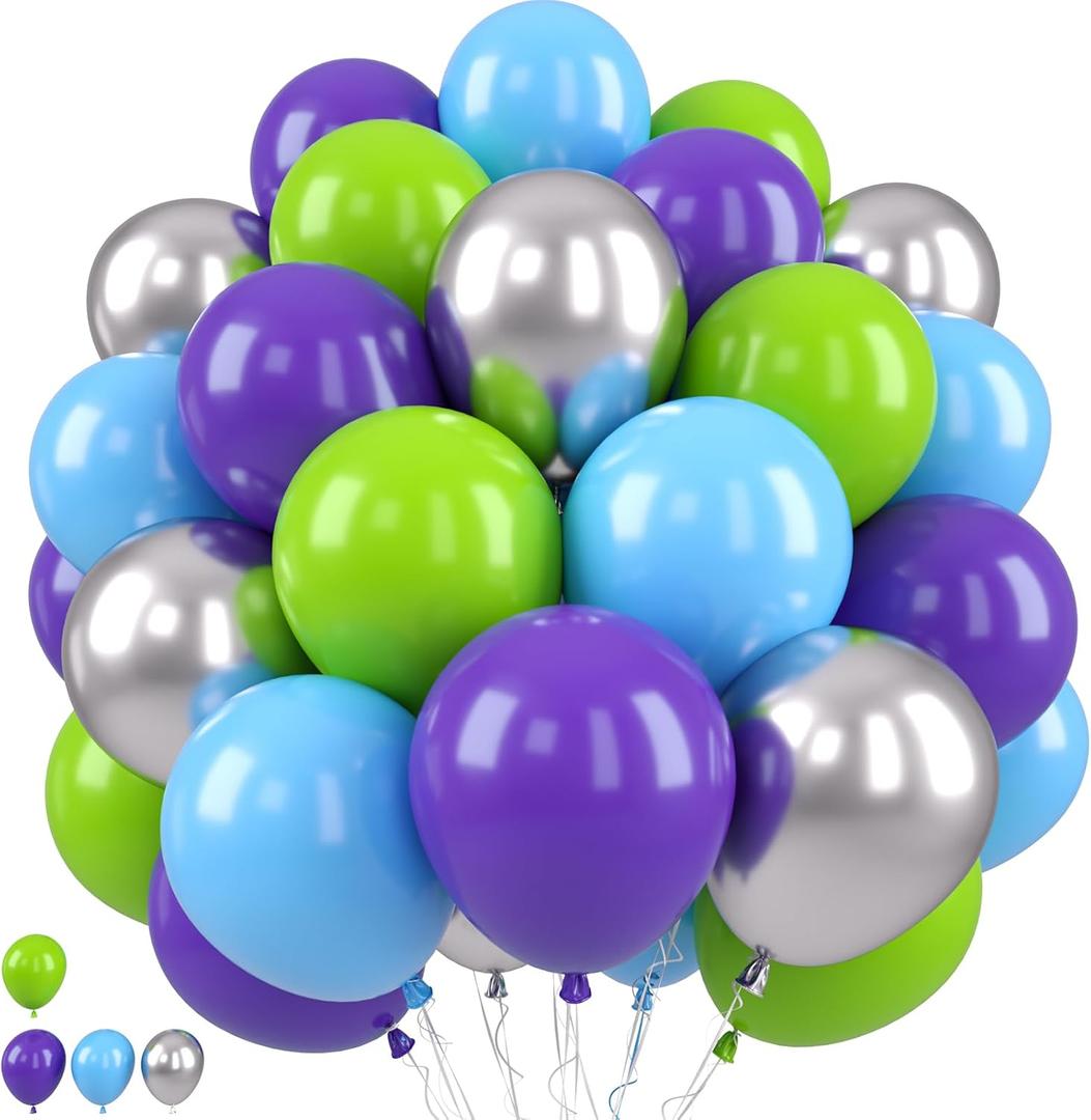 Green Purple Blue Balloons, Green Blue Balloon Purple Teal Silver Balloon Grassy Balloons for Birthday Boys Girls Baby Shower Monster Theme Party Wedding Anniversary Decorations Supplies