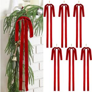 Janinka 6 Pcs Red Long Velvet Bows Christmas Ornaments 23.5x15.5 Inch Vintage Large Velvet Christmas Swag Staircase Wreath Tree Topper Bows Large Bow for Outdoor