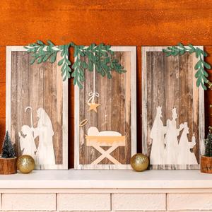 Soaoo Set of 3 Christmas Wooden Nativity Scene Wall Decor Farmhouse Religious Christian Christmas Decor Rustic Catholic Jesus Nativity Wall Art for Shelves Tables Xmas Decorations Indoor
