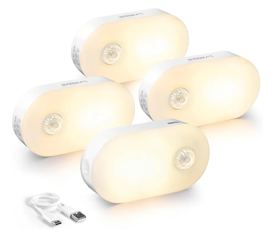 Lyridz Rechargeable Battery Night Light with Motion Sensor, Stick on Anywhere, 1-20LM Dimmable LED Nightlights for the Bedroom, Bathroom, Living Room, Kitchen, Stairs, Hallway, 4-Pack