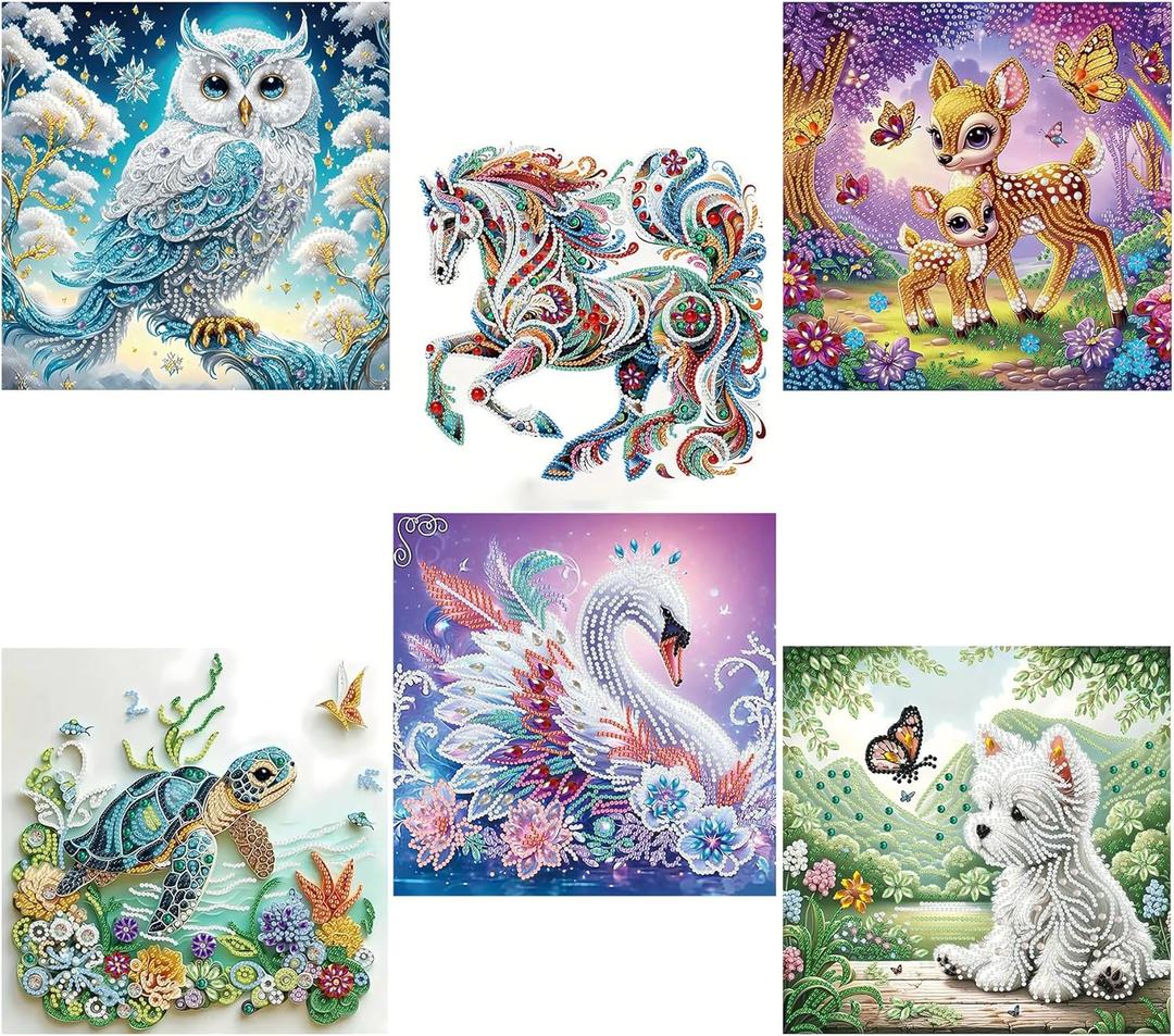2 x JJBSWYMT 6 Pack Special Shape Diamond Painting Kits for Adults Beginners, 5D Animals Diamond Art Kits,DIY Diamond Dots with Diamond Gem Art and Crafts, Home Wall Decor 12 x12 Inch (YX-01-1)