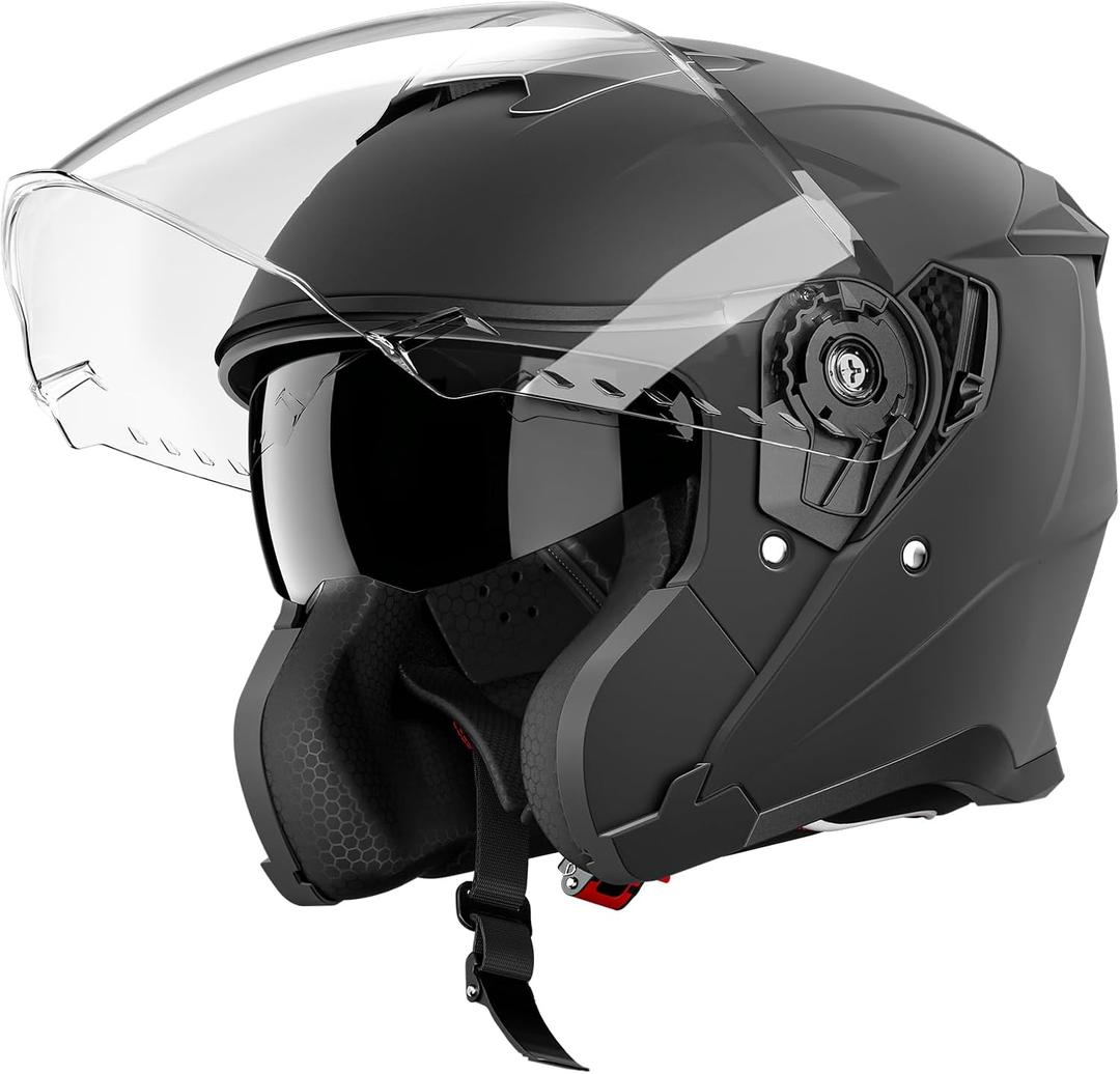 Motorcycle Helmets for Adults, Open Face Motorcycle Helmet with Dual Visor | Casco para Moto DOT Certified, ATV Dirt Bike Snowmobile Motocross Helmet for Men Women, Quick Release Strap, AP-836, Matte Black, L(59-60 cm / 23.23-23.62 in)