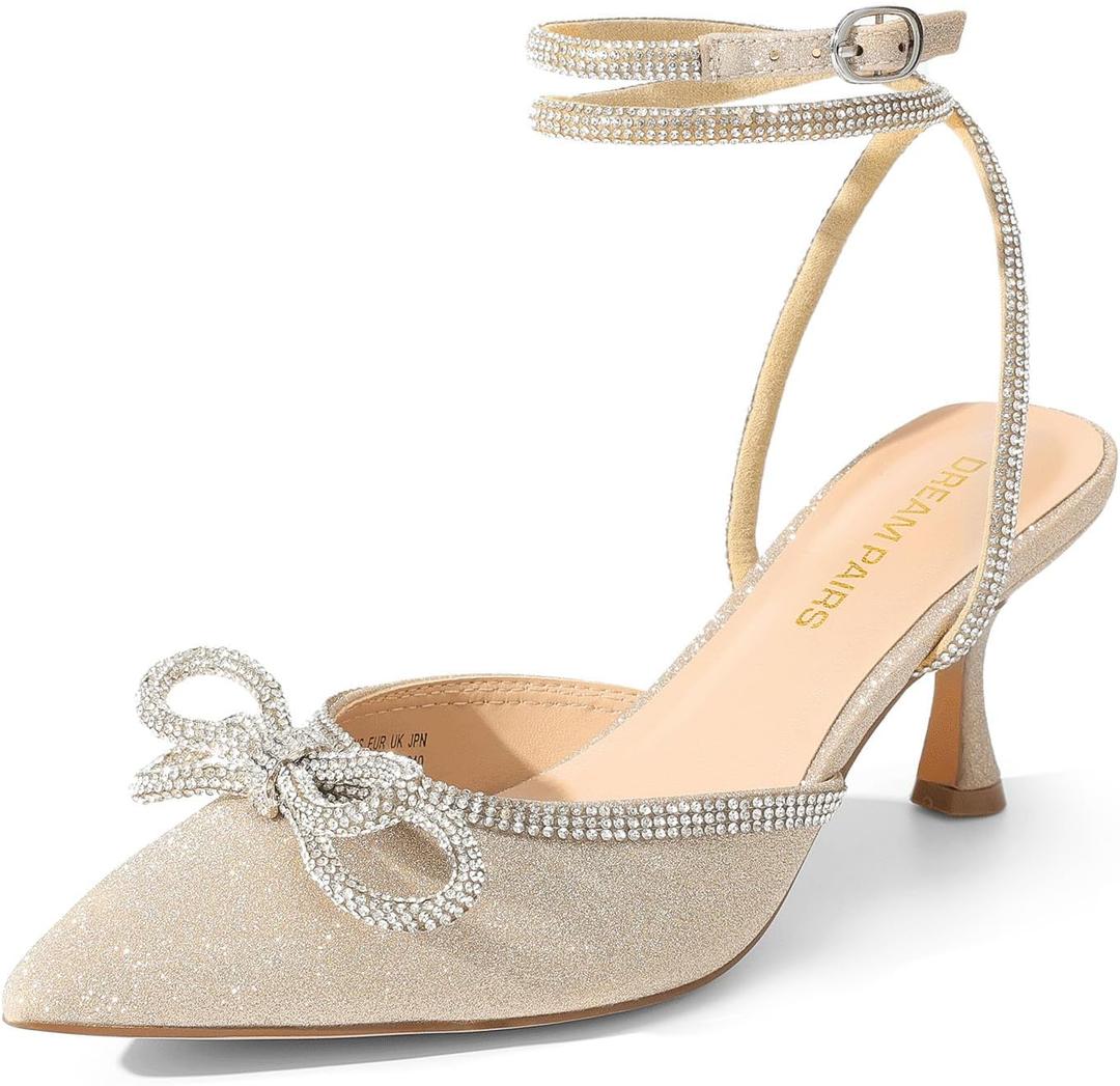 DREAM PAIRS Kitten Heels Rhinestone Bow Ankle Strap Stiletto Pointed Closed Toe Heels for Women Pumps Wedding Bridal Party Dress Shoes (8.5, Gold)