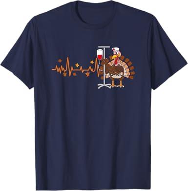 Heartbeat Turkey Nurse Thanksgiving Scrub Top Fall RN ICU ER T-Shirt,M