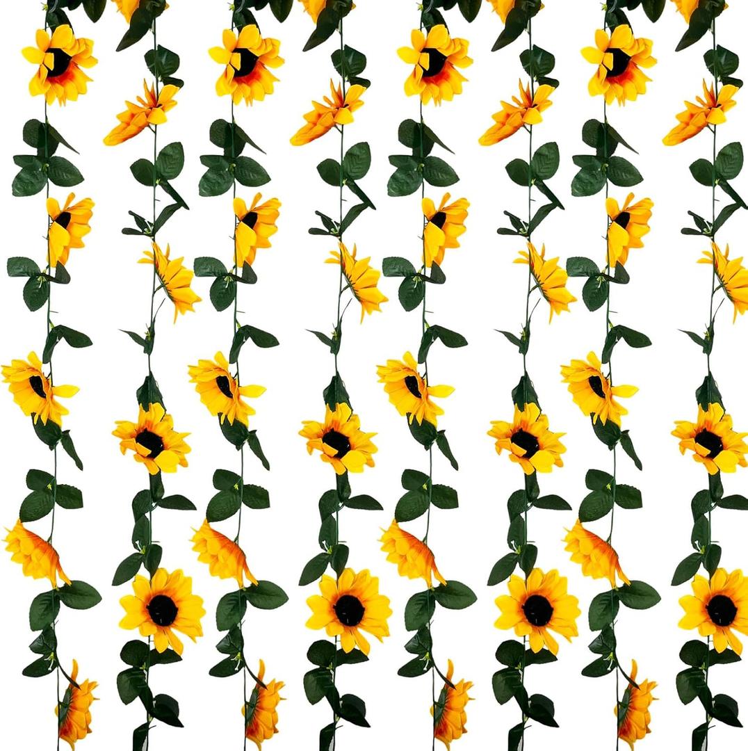 8Pcs 63Ft Sunflower Garland, Fake Hanging Flowers, Sunflower Artificial Flower Vine, Hanging Floral Vine Garland for Wedding, Party, Wall Arch, Halloween, Christmas Summer Garden Backdrop Decor