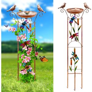 Bird Bath with Garden Trellis Outdoor, Vintage Decorative Birdbath for Climbing Plants, Freestanding Garden Plant Support with Detachable Iron Bowl for Patio Yard Lawn (Dragonfly)