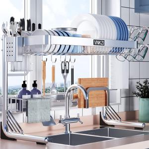 VNKZI Over Sink Dish Drying Rack, 2 Tier Full Stainless Steel Storage Adjustable Length (25.98'' to 36.61'') Kitchen Rack, Multifunctional Expandable Counter Organizer, Space Saver Dish Rack (Silver)