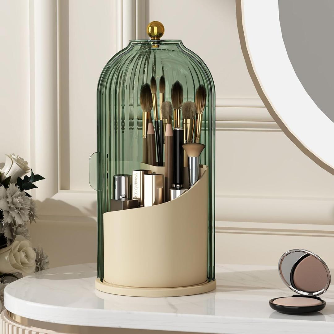 Makeup Brush Holder with Lid 360 Rotating Clear Dustproof Make Up Organizers for Vanity Bathroom Countertop, Green Beige