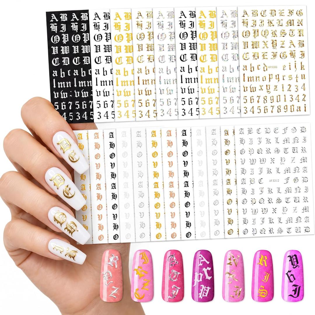 Maitys 24 Sheets Letters for Nails Old English Nail Stickers 3D Holographic Letter Self-Adhesive Gold Old English Alphabet Nail Decals for DIY Women(Classic Colors)