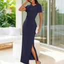 MEROKEETY Women's Summer Short Sleeve Maxi Dress Elegant Ruched Side Slit Formal Wedding Guest Cocktail Prom Dresses (Blue, L)