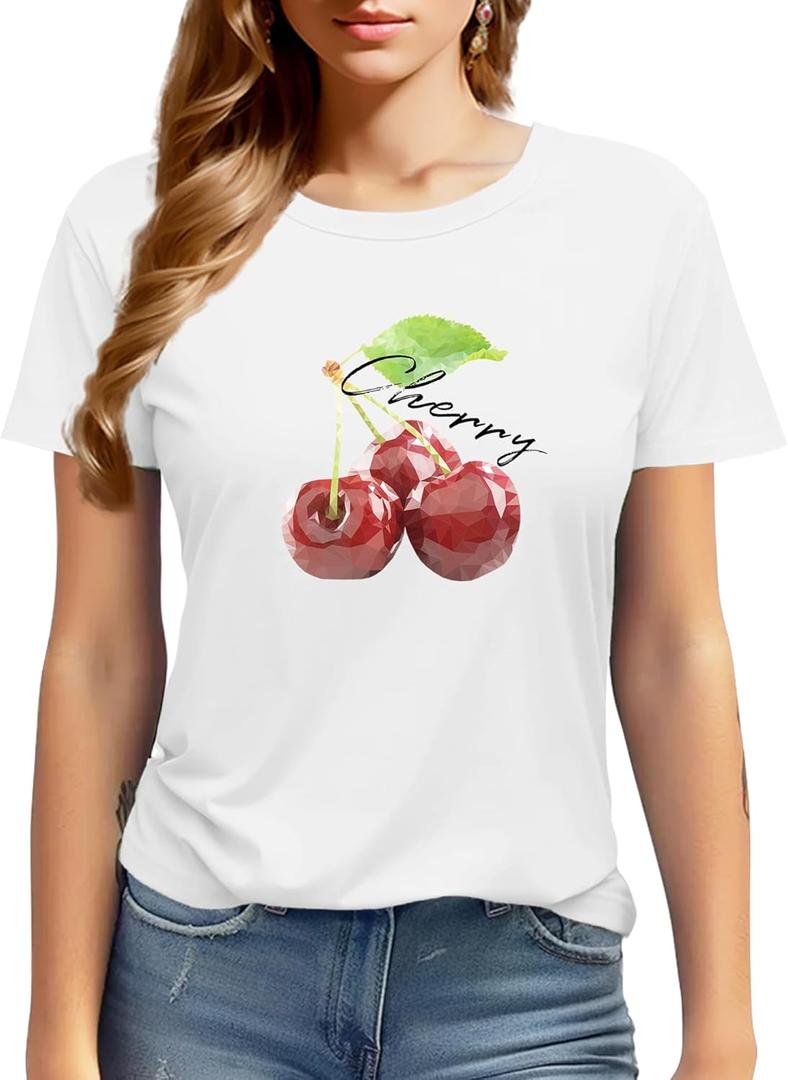 Women's Cute Cherry Shirt: 100% Cotton Cute 3D Graphic Print Summer Tops (White)