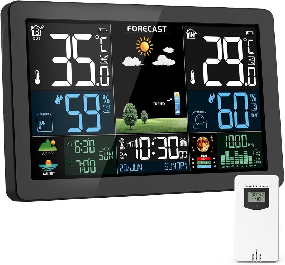 Weather Station Wireless Indoor Outdoor, Thermometer Wireless with Remote Sensor, Home Weather Station, Color Display Digital Weather Forecast, Humidity, Atomic Clock, Air Pressure for Home