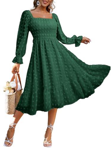 Amegoya Women's Fall Long Sleeve Midi Dress Flowy Square Neck Smocked Waist Swiss Dot Wedding Guest Dresses (Emerald Green, Medium)