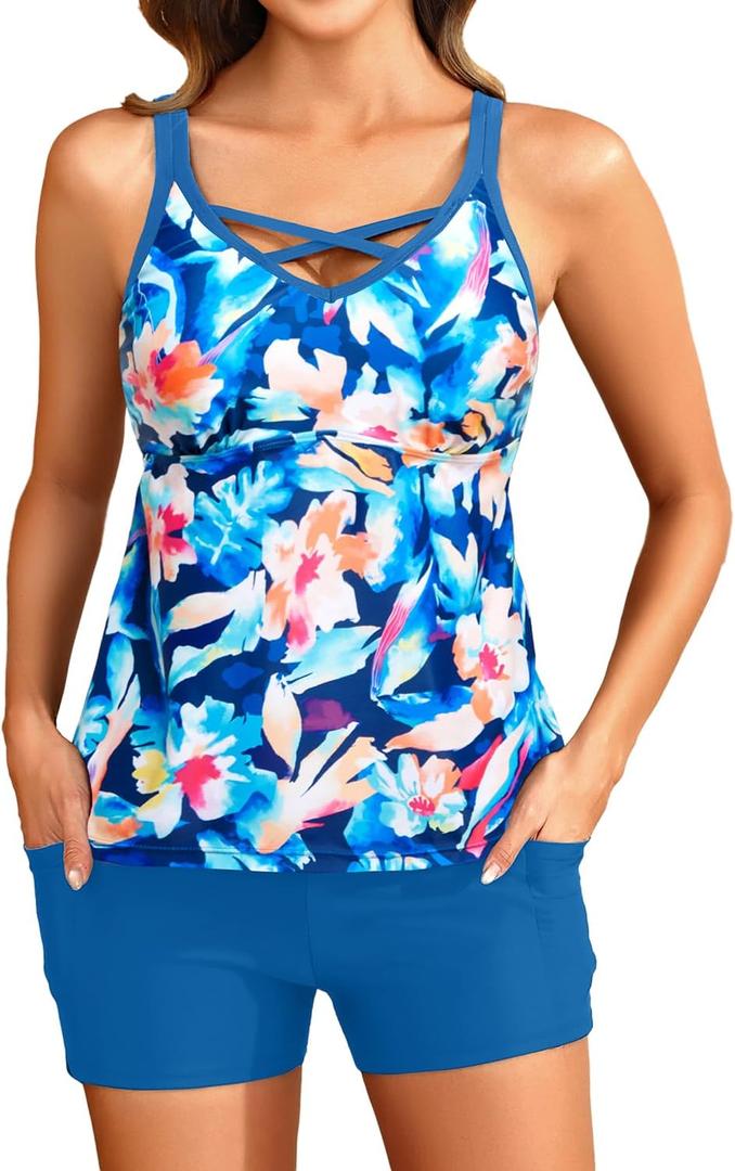 Tankini Two Piece with Shorts - Womens Tummy Control Swimsuit with Pockets Bathing Suit with V-Wire Boy Shorts Swimwear 2025