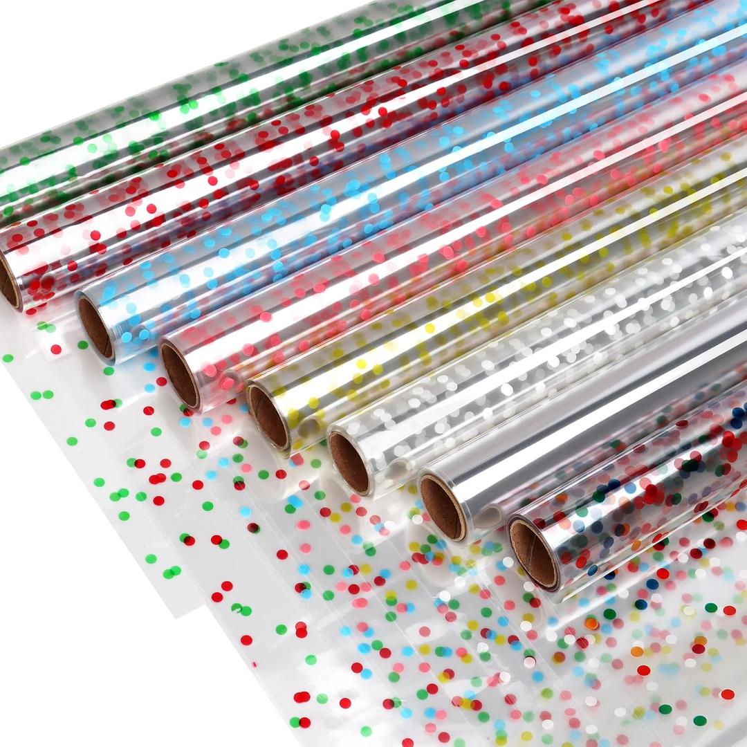 CMFYHM 8 Rolls clear Cellophane Wrap Roll (34 in x 16.4 ft x 8 Colors) Extra Wide Transparent Polka Dots Cellophane Wrapping for Gift Baskets,Flowers, DIY Craft,Baby Shower, Easter,Christmas