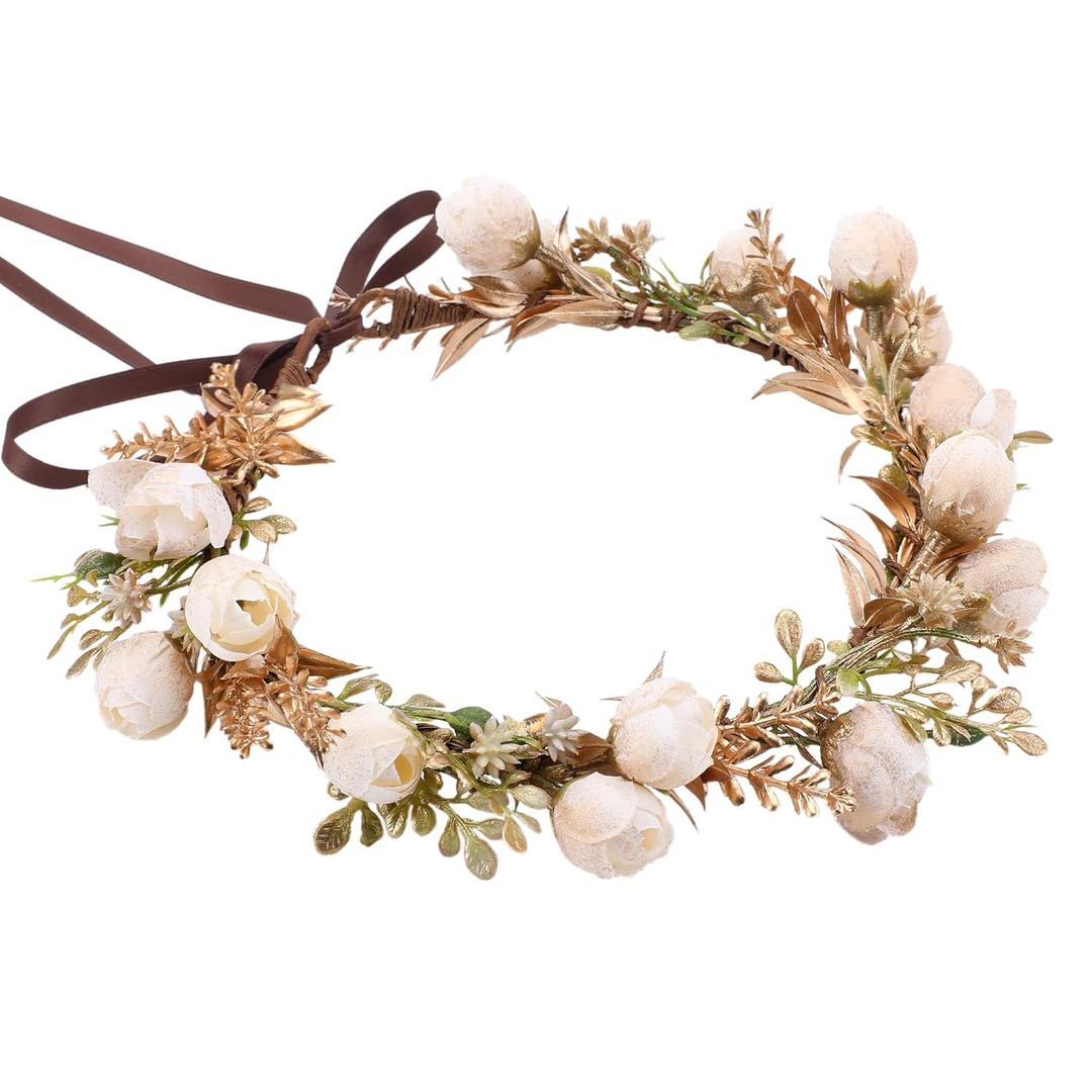 Golden Leaf Flower Crown - Fairy Floral Headpiece White Rose Flower Headband Renaissance Hair Accessories for Women Girls Wedding Vacation Party Festival