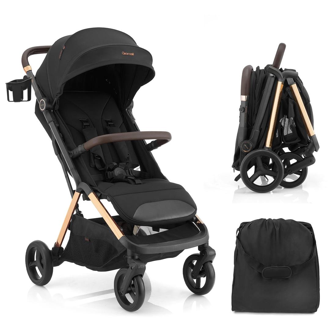 Gromast 2 in 1 Baby Stroller, Portable Travel Newborn Toddler Stroller with Cup Holder & UPF 50+ Canopy, One-Hand Automatic Folding - Black