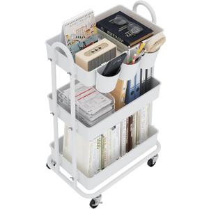 3-Tier Utility Cart with Wheels, Rolling Cart with 3 Hanging Baskets, Storage Shelves, Multi-Functional Organizer Cart for Bathroom, Office, Kitchen, White