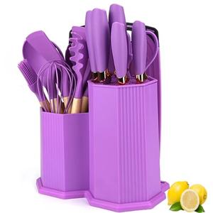 Kitchen Cooking Utensils and Knife Set with Holder Block, 19 Pieces Cooks Cutting Set 11 Pcs Silicone Cooking Utensils Sharp Stainless Steel Knives Scissors Whisk Tongs and Cutting Board (Purple)