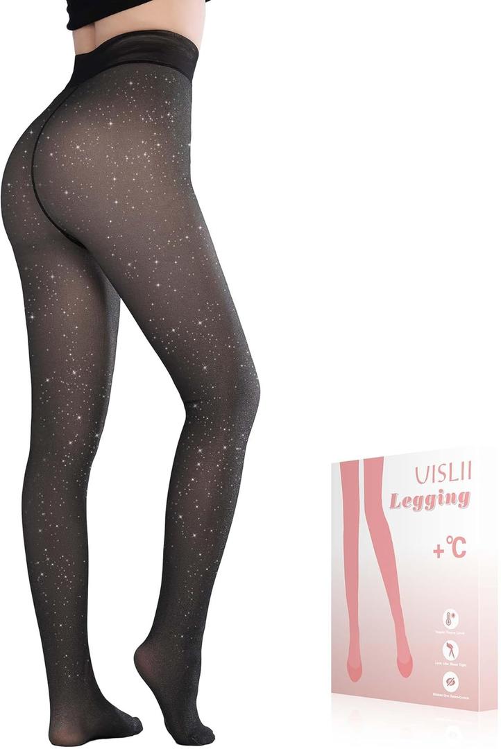 UISLII Fleece Lined Tights Women, Warm Pantyhose leggings, Fake Translucent Thermal Skin Colored Tights for Winter(Black Little Sparkle M-M)