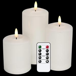 GenSwin 3D Wick Flameless Flickering Candles Battery Operated with Remote Timer, Real Wax Pillar LED Votive Candles Warm Light, Set of 3 Party/Wedding/Home Decor(White, D3 x H4.6 5.8 6.8)