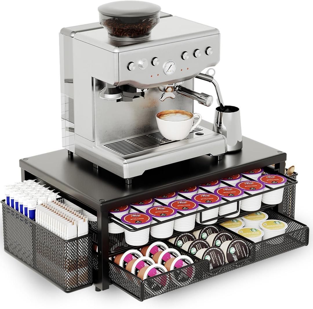 Metal Coffee Pod Holder for 80 Capsules with Storage Drawer & 2 Accessory Holders,2 Tier K Cup Holder Organizer for Countertop,Black