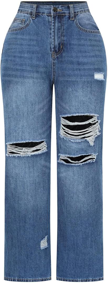 THUNDER STAR Womens High Waisted Wide Leg Jeans Stretchy Distressed Denim Pants Blue XL