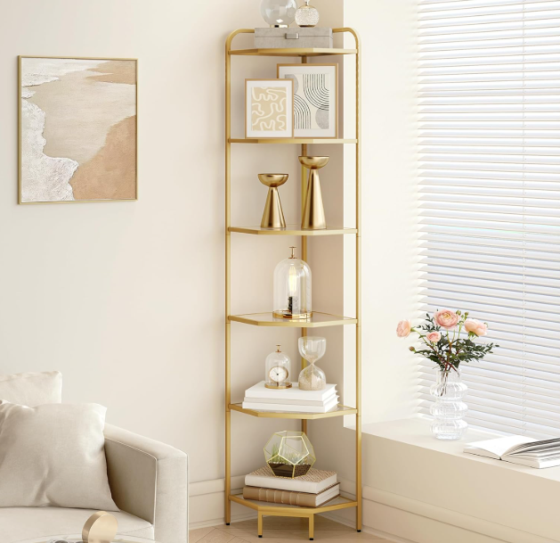 Hzuaneri Corner Shelf Stand, Glass Bookshelf Bookcase, Bathroom Organizer, Plant Stand, Steel Frame, Tempered Glass, Modern Style for Living Room, Bathroom, Kitchen, 6-Tier Golden CS90600G