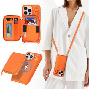 Cavor for iPhone 14 Pro Max Wallet Case with Card Holder for Women Men, for iPhone 14 Pro Max Case with Strap, Crossbody Lanyard Phone Case, Magnetic Detachable Compatible with Magsafe-Orange