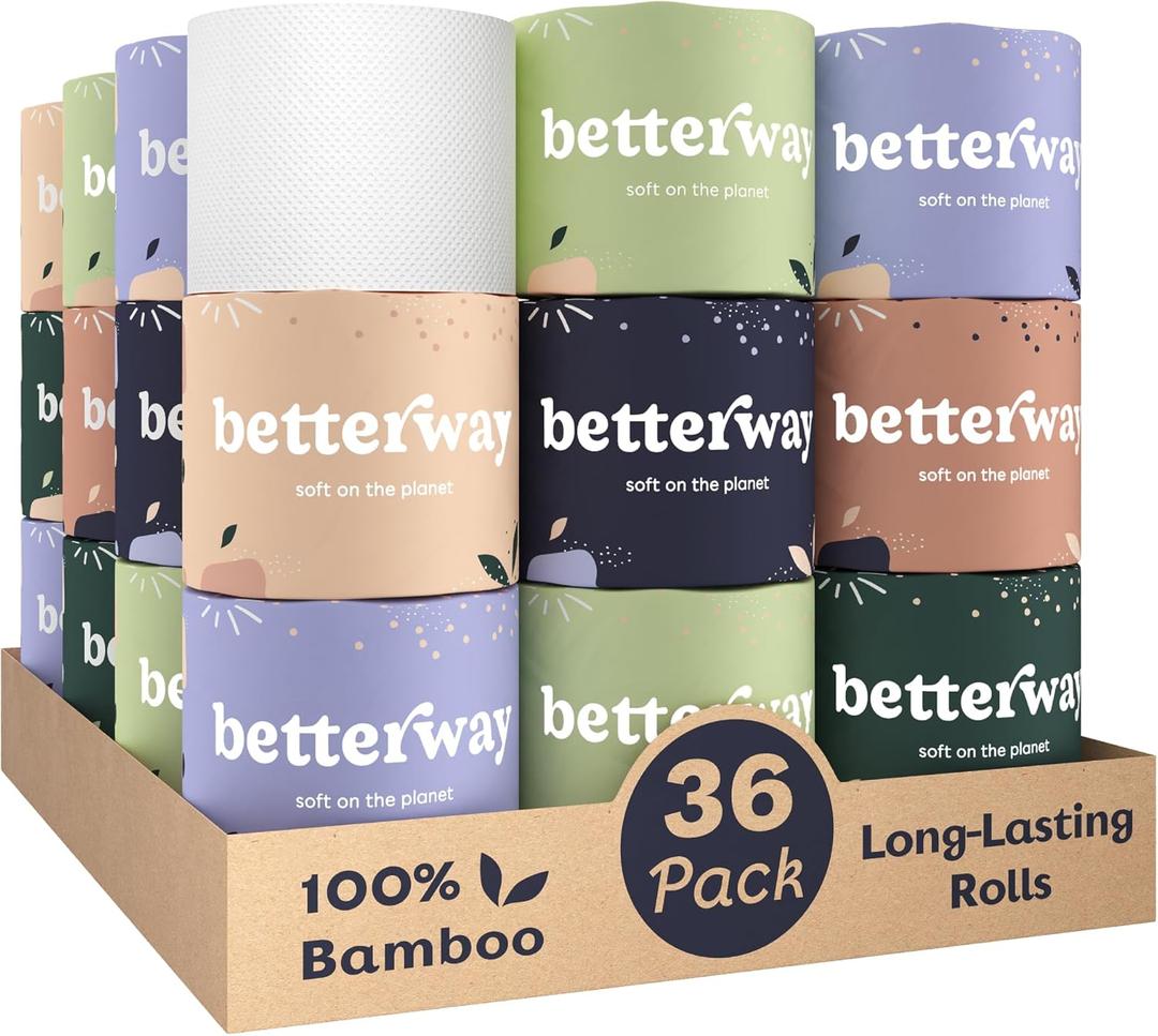 Betterway Bamboo Toilet Paper 3 Ply - Sustainable Toilet Tissue - 36 Long-Lasting Organic Rolls & 360 Sheets Per Roll - Septic Safe - Plastic & PFAS Free - FSC Certified (White)