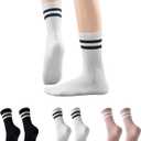 2 x GLENMEARL Pilates Socks with Grips for Women, 3/6 Pairs Yoga Non Slip Long Socks, Grip Sock for Pilates, Dance Workout (7-9, 3 Pack Striped (Black,white,pink))
