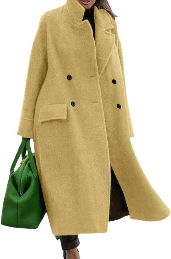 CHARTOU Women Oversized Long Winter Coats Warm Wool Blend Pea Trench Coat Overcoat (XX-Large, Yellow)