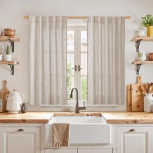 YoungsTex Short Linen Curtains 45 Inch Length for Kitchen Windows, Natural Light Filtering Drapes with Rod Pocket Back Tab Semi Sheer for Bathroom Cafe Window, 2 Panels, 42 X 45 Inch