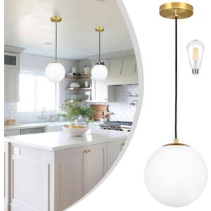 KoKo&Yukina 10" Globe Pendant Light Gold Mid Century Pendant Light Glass Globe Mid Century Modern Light Fixture Brushed Brass Finished with Milk Glass Lampshade for Dining Room Bedroom
