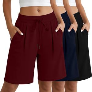 Locoowai 3 Pack Women's Bermuda Shorts Drawstring Casual Lounge Elastic Waist Athletic Yoga Running Shorts with Pockets (X-Large, Black, Navy Blue, Burgundy)