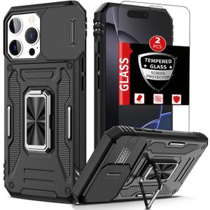 for iPhone 16 Pro Max Case with 2 Screen Protectors,Built-in Slide Camera Cover,for 16Pro Max Phone Case with 360Stand Shockproof Anti-Scratch Military-Grade Drop Heavy Duty Protection Black