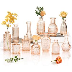 Clear Amber Gold Glass Bud Vase Set of 12 Pcs,Small Bud Vases in Bulk,Glass Crystal Flower Vases Table Centerpieces for Party Event Wedding Decor Baby Shower Decorations (Amber Gold, 12 Pcs)