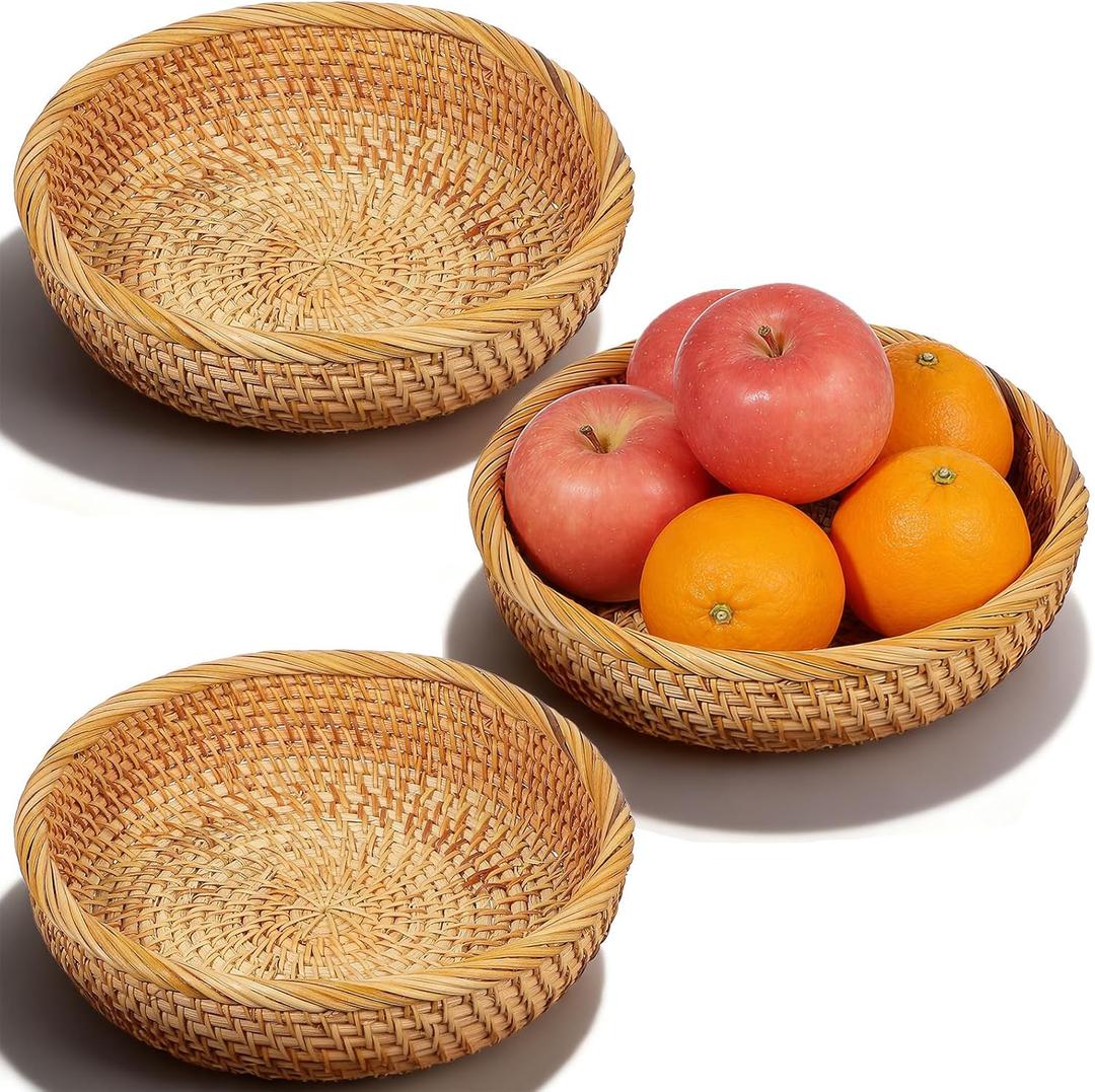 3 Pack Small Round Woven Rattan Baskets, 7.8" Brown Wicker Trays for Entryway Organizing, Keys, Wallet, Mail & Tabletop Decor
