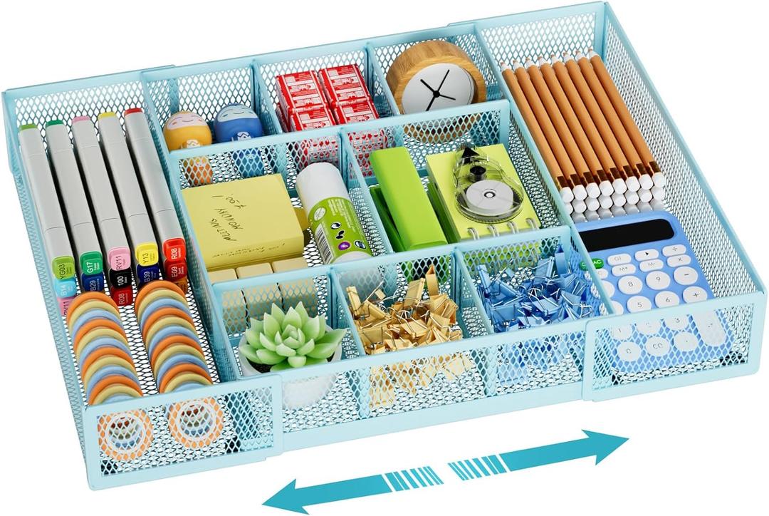 Marbrasse Expandable Desk Drawer Organizer, Mesh Drawer Organizer Tray with 10 Adjustable Compartments, Desk Organizers and Accessories for Office Supplies, Makeup & Vanity (Expandable-Blue) Marbrasse Expandable Desk Drawer Organizer, Mesh Drawer Organizer Tray with 10 Adjustable Compartments, Desk Organizers and Accessories for Office Supplies, Makeup & Vanity (Expandable-Blue)
