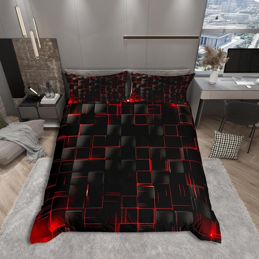 Manfei Geometric Grid Duvet Cover Set Twin Size, Red and Black Checkered Bedding Cover, Men Women Room Decor, Modern Abstract Check Plaid Square Bed Sets for All Season, 1 Pillowcase, No Comforter (Multi 07)