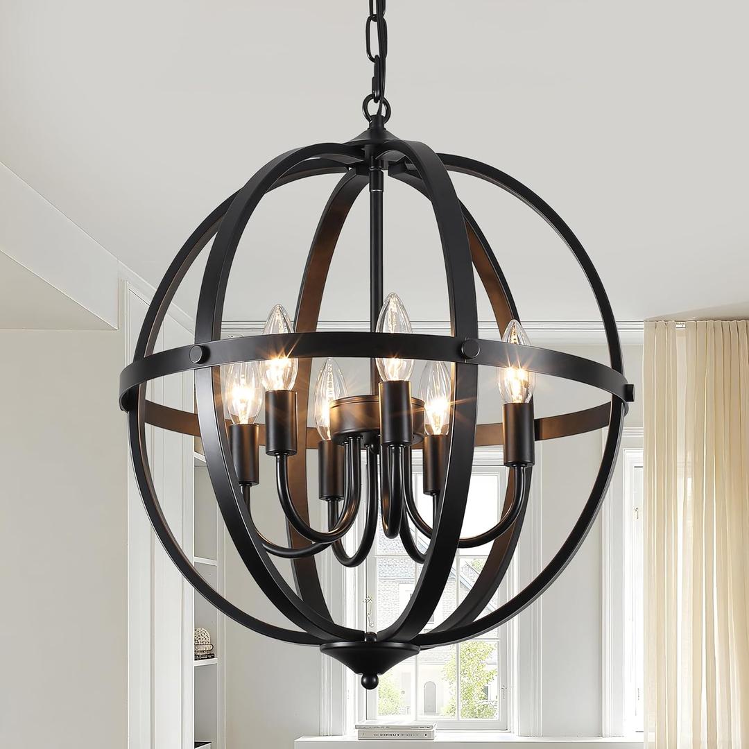 17.12'' Black Orb Chandelier 6-Light, Small Metal Industrial Globe Pendant Light, Adjustable Hanging Ceiling Light Fixtures, Modern Chandelier Light for Kitchen, Dining Room, Foyer Hallway, Black