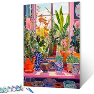 Colorful Array of Potted Plants Paint by Numbers for Adults Beginner Kids Window Sill Landscape Oil Painting Kit on Canvas with Brushes Acrylic Pigment Arts Home Decor 16x20In (Frameless)