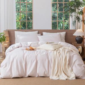 MooMee Striped Duvet Cover Set 100% Washed Cotton Linen Like Textured Breathable Durable Soft Comfy (Heathered Greyish Pink Pinstripes, Full 80"x90")