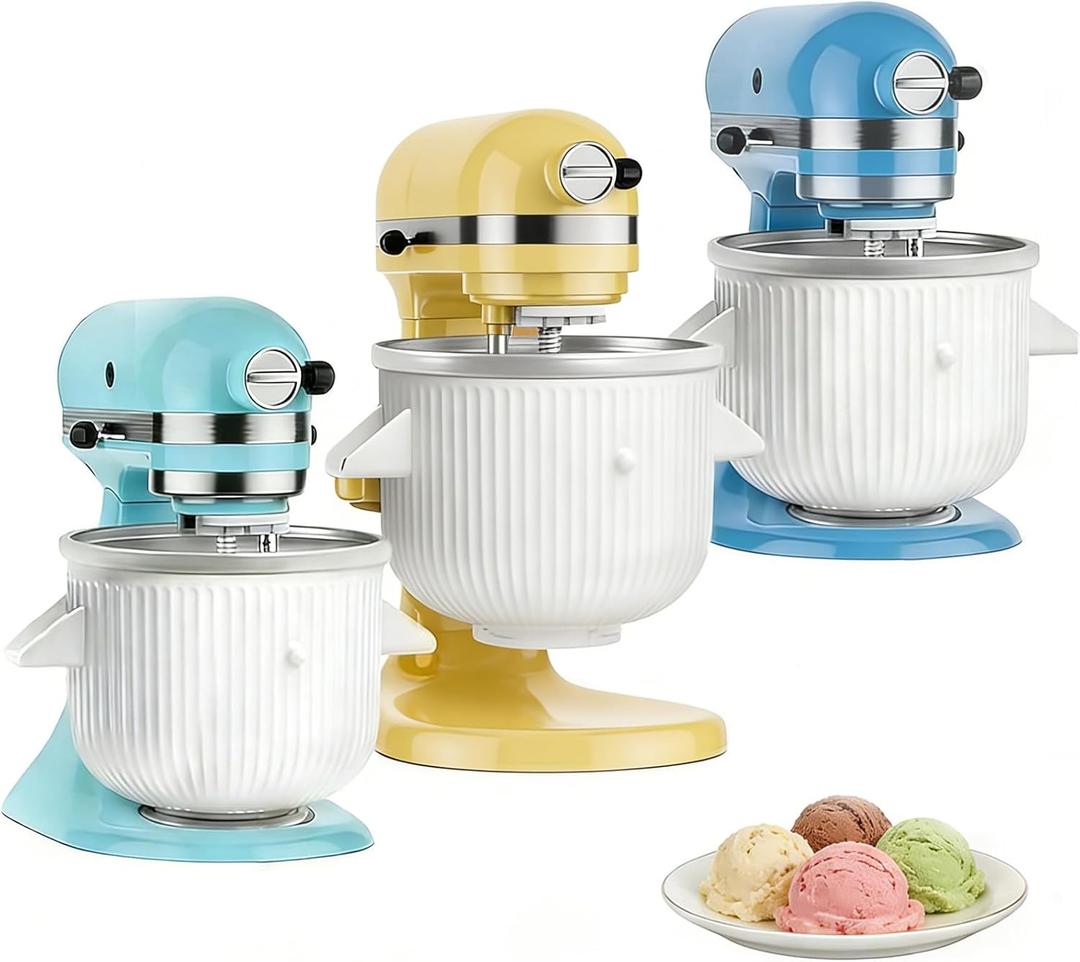 Ice Cream Maker Attachment for KitchenAid 4.5/5QT & 6QT Mixers, Frozen Ice Cream & Sorbet Gelato Maker for KitchenAid, 2 Quart, White, Not Dishwasher Safe