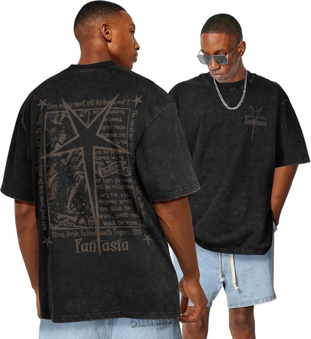 Flafens Oversized Tshirts for Men - Acid Wash Vintage T Shirt Graphic Tees Cotton Crewneck Short Sleeve Loose Tops (Black, M)