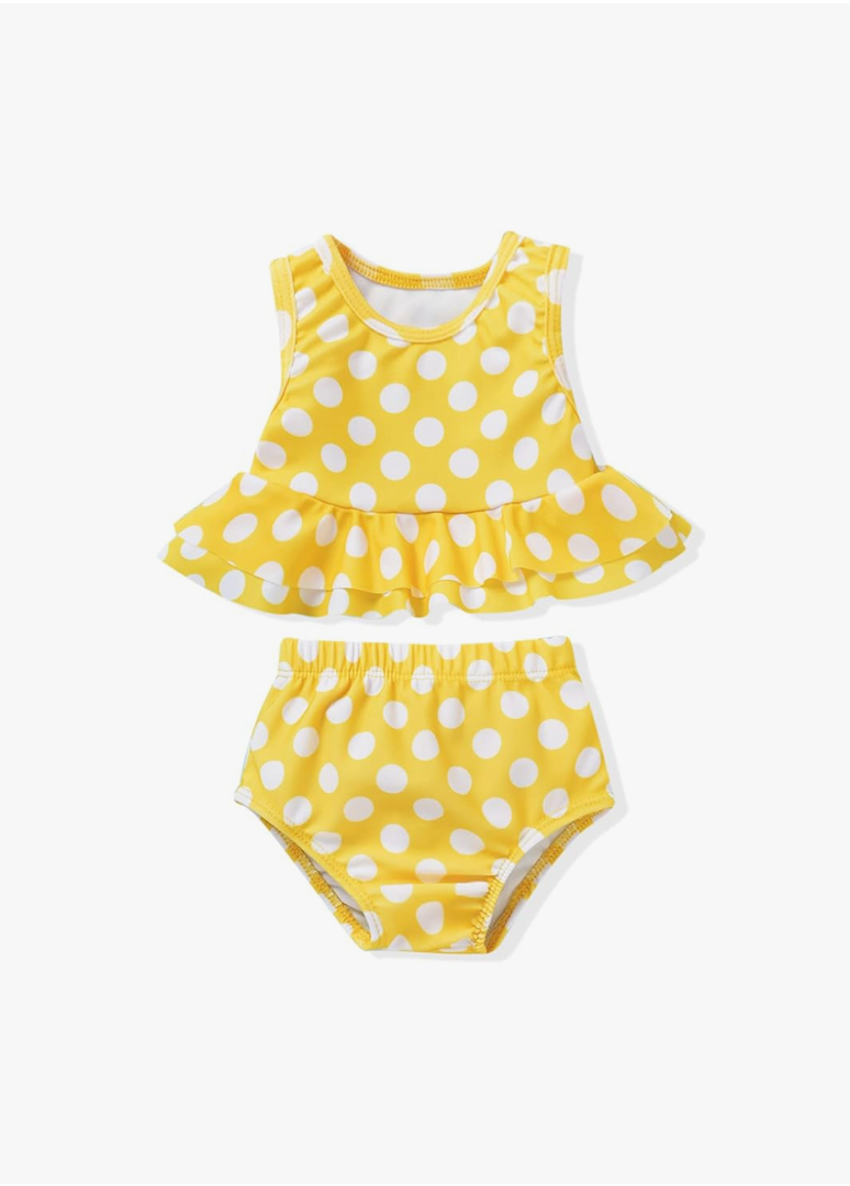Aalizzwell 12-24 Months Toddler Baby Girls Swimsuit Two Piece Polka Dot Ruffle Bathing Suit Bikini Tops Bottoms Swimming Suit Swimwear Beach Wear Yellow 18 Months