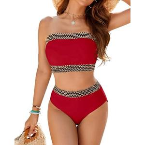 Jolefille Strapless Swimsuits for Women - Two Piece High Waisted Bikini Sets Tummy Control Bathing Suit Bandeau Bikini Top, S