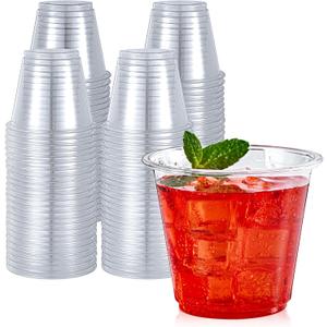 Turbo Bee 50 Pack 9 oz Clear Plastic Cups, Drinking Cups Disposable, Punch Plastic Party Cup for Wine, Juice, Iced Coffee and Cold Beverage