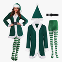 Sureio 4 Pcs Mrs Santa Claus Costume Women Christmas Dress Suit Cosplay Velvet Outfit with Belt Hat Striped Tights Elf Ears Large